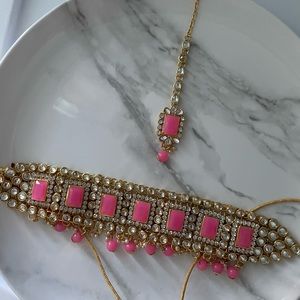 Pink Kundan Choker Tikka Set